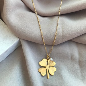 Clover Gold Elegant Necklace, Evil Eye Beads/Natural Pearl Luck Necklace, Locket Necklace, Christmas Gift, Mother&#39;s Day Gift, Gift for Her