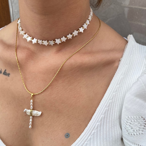 Pearl Handmade Cross Necklace, Elegant Cross Freshwater Pearl Necklace, Stylish Design,Necklace, Mother Day Gift, Special Day Gift, Her Gift