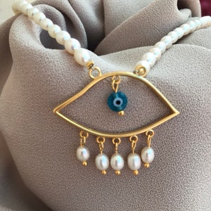 Freshwater Pearl Evil Eye Necklace: 22k Gold Plated Brass