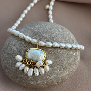 Dangle Pearl Necklace: 22k Gold Plated Bronze, Bridal Jewelry