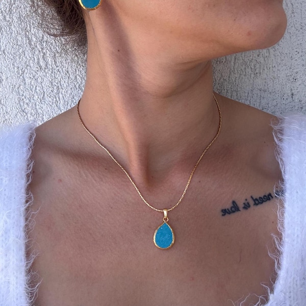 Drop Turquoise Square Chain Gold Natural Stone Necklace