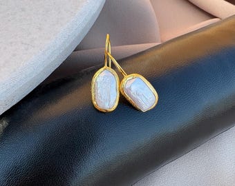 Minimalist Irregular Square Real Flat Pearl Earrings