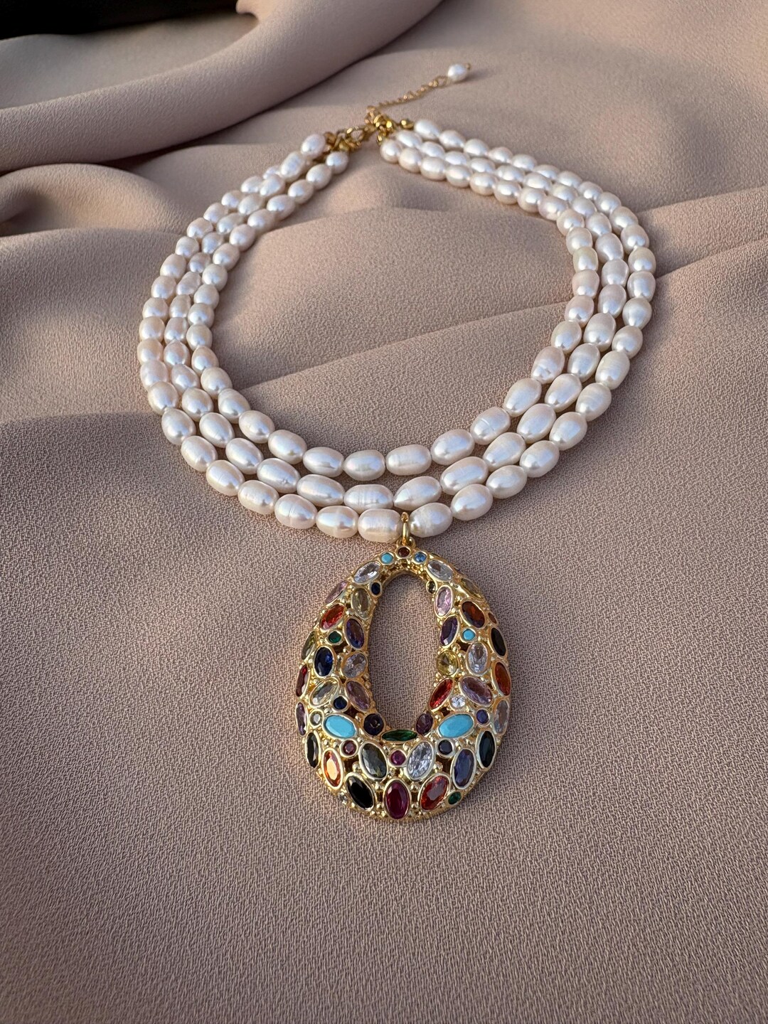 Oval Colored Zirconium Three Row Design Pearl Necklace - Etsy
