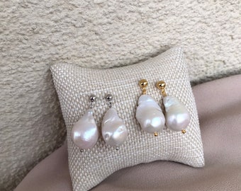 Large Fireball White Baroque Pearl Ball Screw-On Gold Earrings