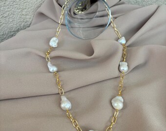 Large White Baroque Pearl Chain Combination Timeless Gold Necklace