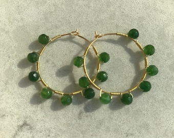 Custom Cut Crystal Jade Earrings, Natural Jade Gold Hoop Earrings, Elegant Hoop Earrings, Special Day Gifts, Mother Day Gift, Gift for Her