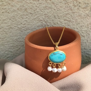 Gold Turquoise Necklace: Natural Pearl Dangle, Bridal Jewelry