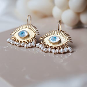 Evil Eye Protection Earrings, Freshwater Pearl Dangle Earrings, Eye Design Real Pearl Earrings, Mother Day Gift,Valentine Day Gifts image 2