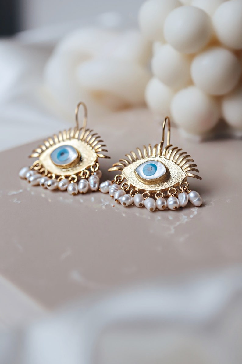 Evil Eye Protection Earrings, Freshwater Pearl Dangle Earrings, Eye Design Real Pearl Earrings, Mother Day Gift,Valentine Day Gifts image 2