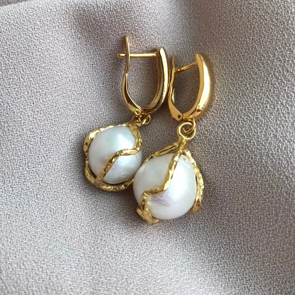 Caged Fireball Pearl Gold Earrings, Natural Baroque Pearl Earrings, Gold Leverback Earrings, Bridal Jewelry, Special Day Gift, Gift for Her