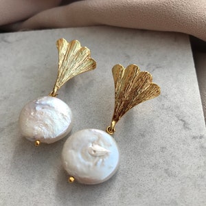 Freshwater Coin Pearl Gold Earrings, Real Baroque Pearl Elegant Earrings, Bridal Jewelry, Mother Day Gift, Special Day Gift, Gift for Her