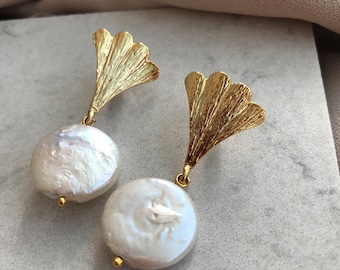 Freshwater Coin Pearl Gold Earrings, Real Baroque Pearl Elegant Earrings, Bridal Jewelry, Mother Day Gift, Special Day Gift, Gift for Her