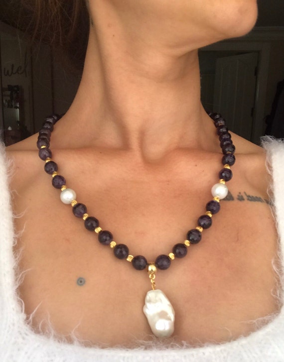 Collana Di Perle Barocche Di Ametista: Dettagli In Oro 14k, Filo Annodato Da 38 Pollici - Italia - Foto 12