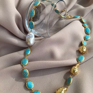 Blue Turquoise Baroque Pearl Gold Handmade Combination Necklace - Etsy