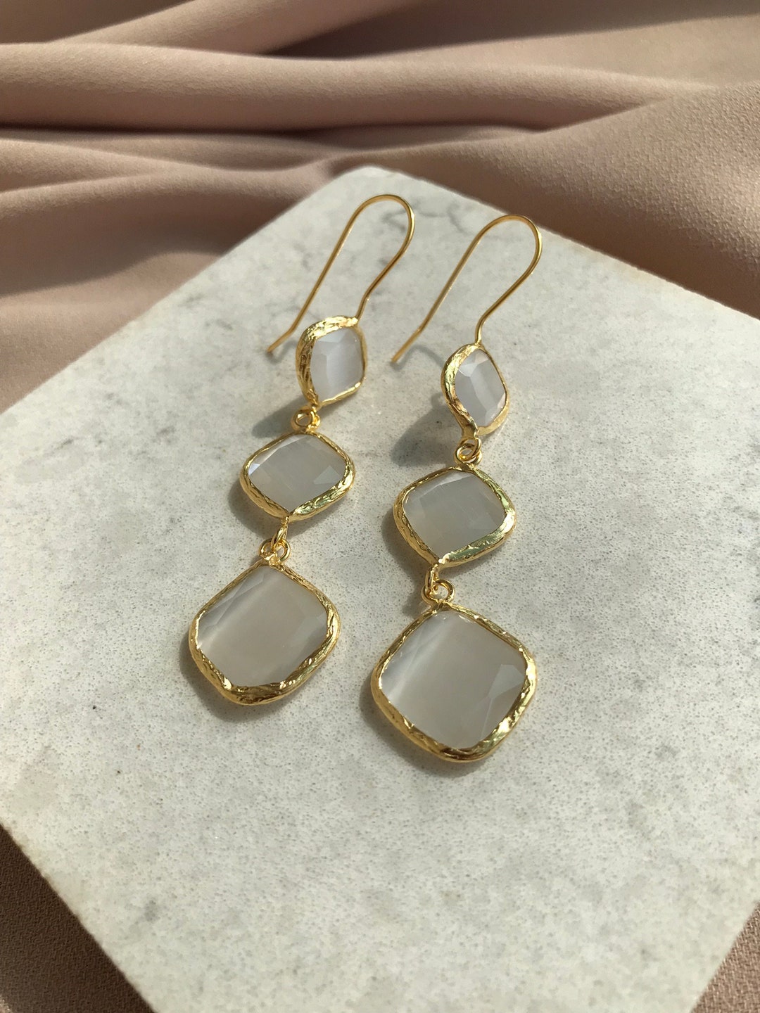 NEW ! Long Triple Cat's Eye Earrings, Cat's Eye Stone Earrings, Design ...