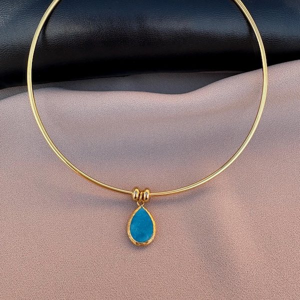 Unique Original Teardrop Turquoise Natural Stone Hoop Necklace