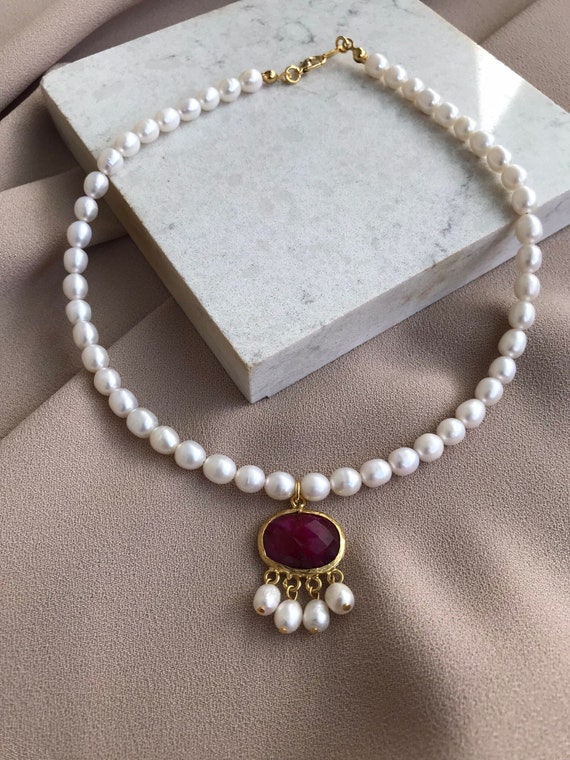 Collana Donna In Rubino Naturale Sfaccettato, Girocollo Argento 925, Energia Reiki