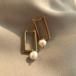 Freshwater Pearl 24K Shiny Gold Rectangle Earrings, Stylish Rectangle Earrings, Chunky Gold Rectangle Earrings,Mother Day Gift, Gift for Her