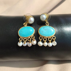 NEW ! Unique Turquoise Stone Earrings, Natural Stone Pearl Design Earrings, Real Pearl Gold Earrings, Bridal Jewelry, Mother's Day, Daily