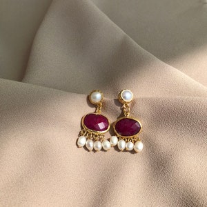 NEW ! Unique Ruby Stone Earrings, Natural Stone Pearl Design Earrings, Real Pearl Gold Earrings, Bridal Jewelry, Mother's Day, Daily