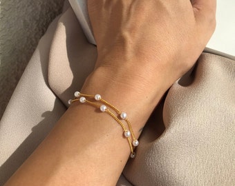 Double Row Bracelet Minimalist Pearl Bracelet, Gold Chain Elegant Bracelet, Everyday Elegance, Christmas Gift, Mother Gift, Gift for Her