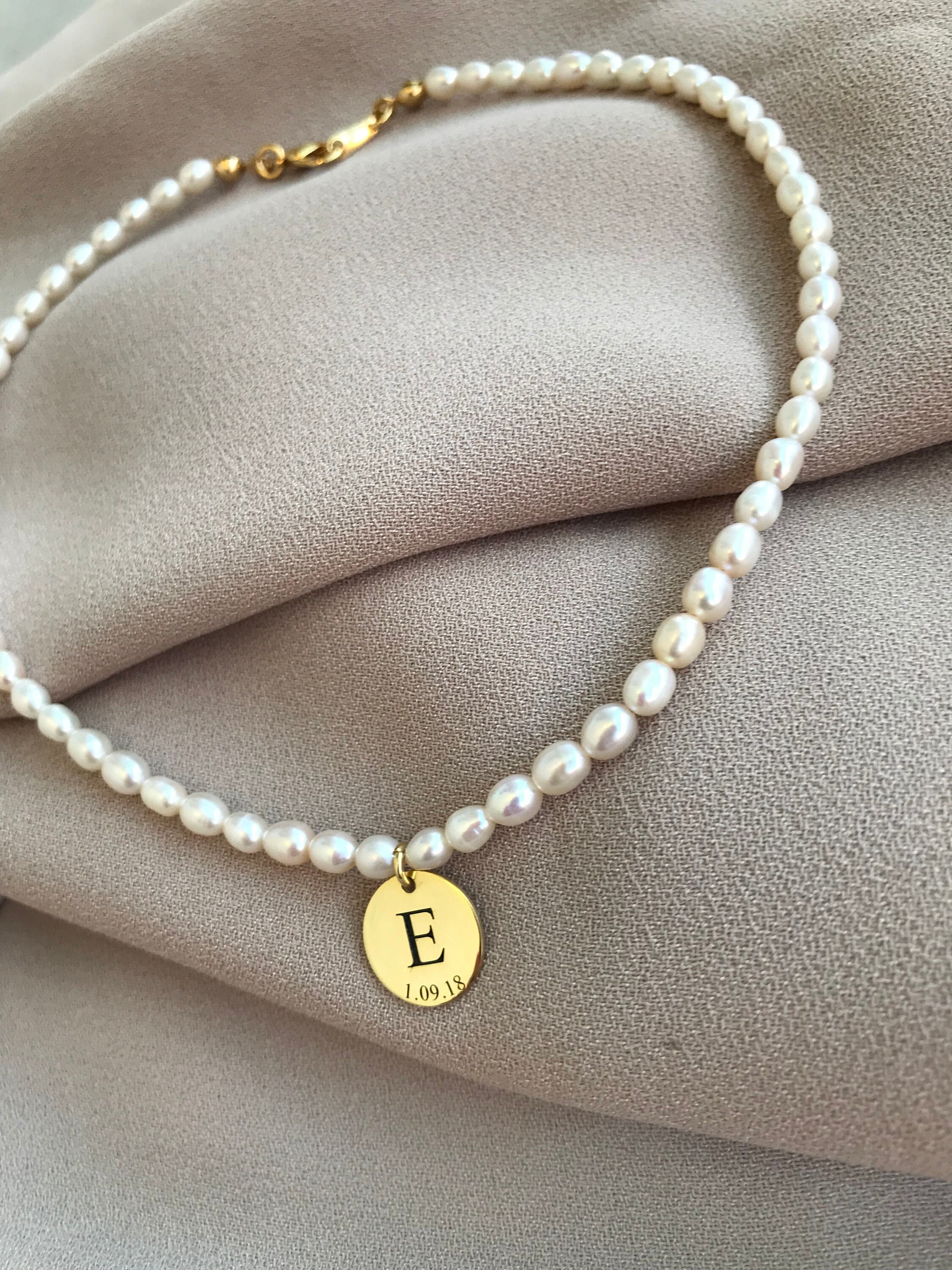 Silver Disc Real Pearl Necklace With Her Letter Date Silver - Etsy
