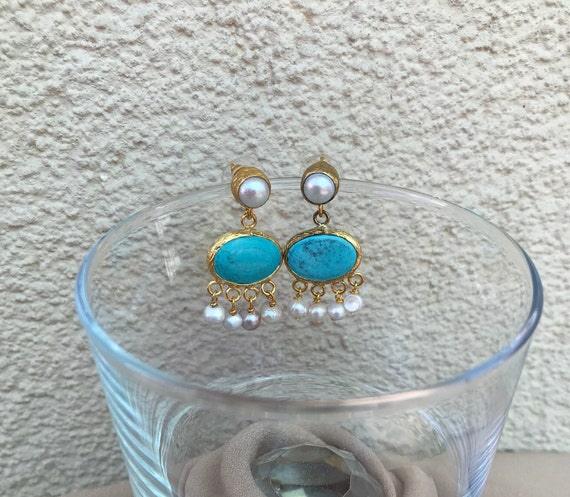 Boucles D'oreilles Pendantes Turquoise Fait Main - Sans Nickel - Plaqué Argent - Fabriqué En Inde - Neuf
