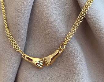 Gold Hand in Hand Necklace, Chain Design Elegant Necklace, Double Row Rolo Chain Necklace, Valentine's Day Gift, Special Gifts, Mom's Gift