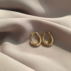Gold Plated Oval Hoop Earrings: Chunky U Shape Brass Studs
