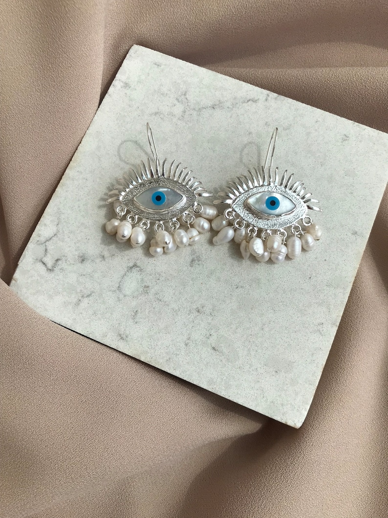 Evil Eye Protection Earrings, Freshwater Pearl Dangle Earrings, Eye Design Real Pearl Earrings, Mother Day Gift,Valentine Day Gifts image 4