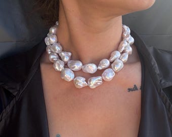 Timeless Large White Baroque Pearl Necklace, Handmade Elegant Gold