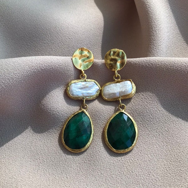 NUEVO ! Pendientes combinados de esmeralda perla, Pendientes de diseño de perlas de piedra natural, Pendientes de oro perla real, Joyería de boda, Regalo de madre, Diario