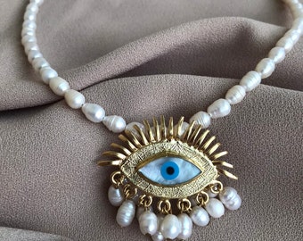 Evil Eye Protection Pearl Necklace, Freshwater Pearl Pendant Necklace, Eye Design Real Pearl Necklaces, Mother's Day Gift, Gift for Her