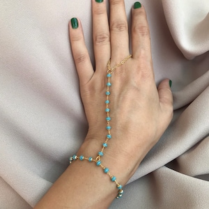 Turquoise Beaded Hand Chain: 22k Gold Plated Sahmeran Bracelet