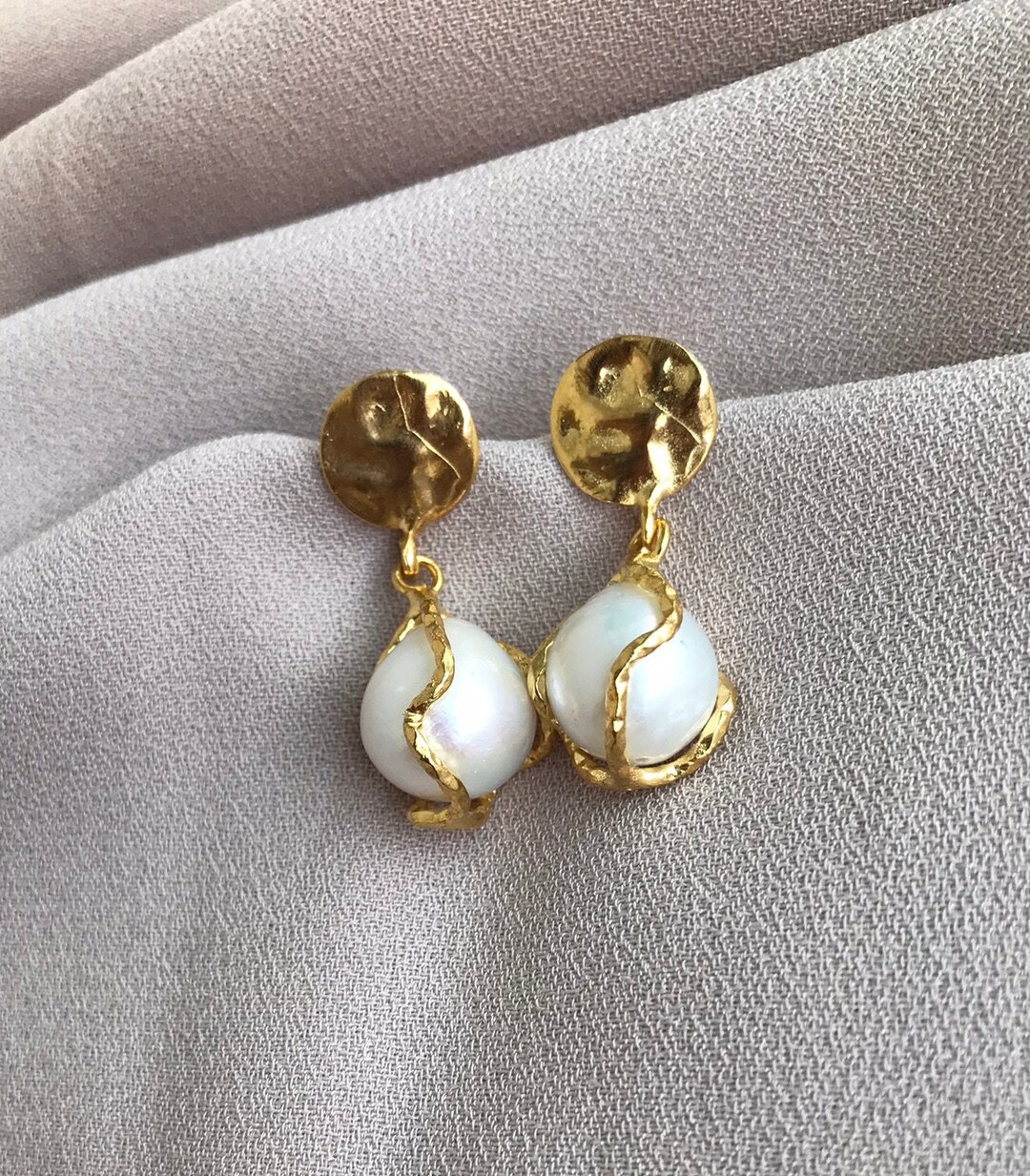 Natural Baroque Pearl Earrings, Cage Fireball Pearl Gold Earrings ...