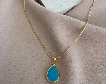 Drop Turquoise Square Chain Gold Natural Stone Necklace
