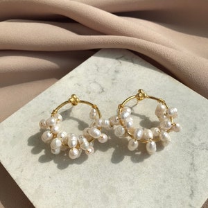Handmade 22k Gold Plated Hoop Earrings with Natural Freshwater Pearls
