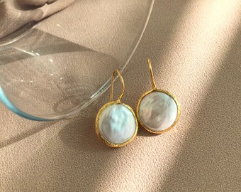 NEW Coin Pearl Earrings, Money Pearl Gold Earrings, Real Baroque Pearl, Elegant Earrings, Bridal Jewelry, Mother's Day Gift, Gift for Her