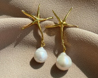 NEW ! Star Design Edison Pearl Earrings, Star Pearl Combination Earrings, Elegant Pearl Earrings, Wedding Jewelry, Mother's Gifts