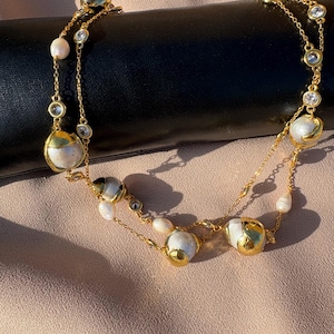 Long Gold Ice Cream Baroque Pearl Solitaire Chain Pearl Combination Necklace