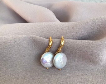 Natural Baroque Pearl Elegant Earrings, Freshwater Coin Pearl Gold Earrings, Bridal Jewelry, Mother Day Gift, Special Day Gift, Gift for Her