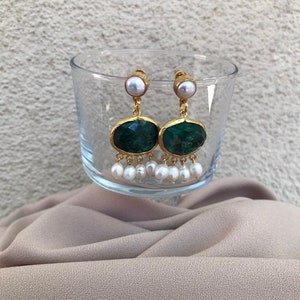 NEW ! Unique Emerald Stone Earrings, Natural Stone Pearl Design Earrings, Real Pearl Gold Earrings, Bridal Jewelry, Mother's Day, Daily