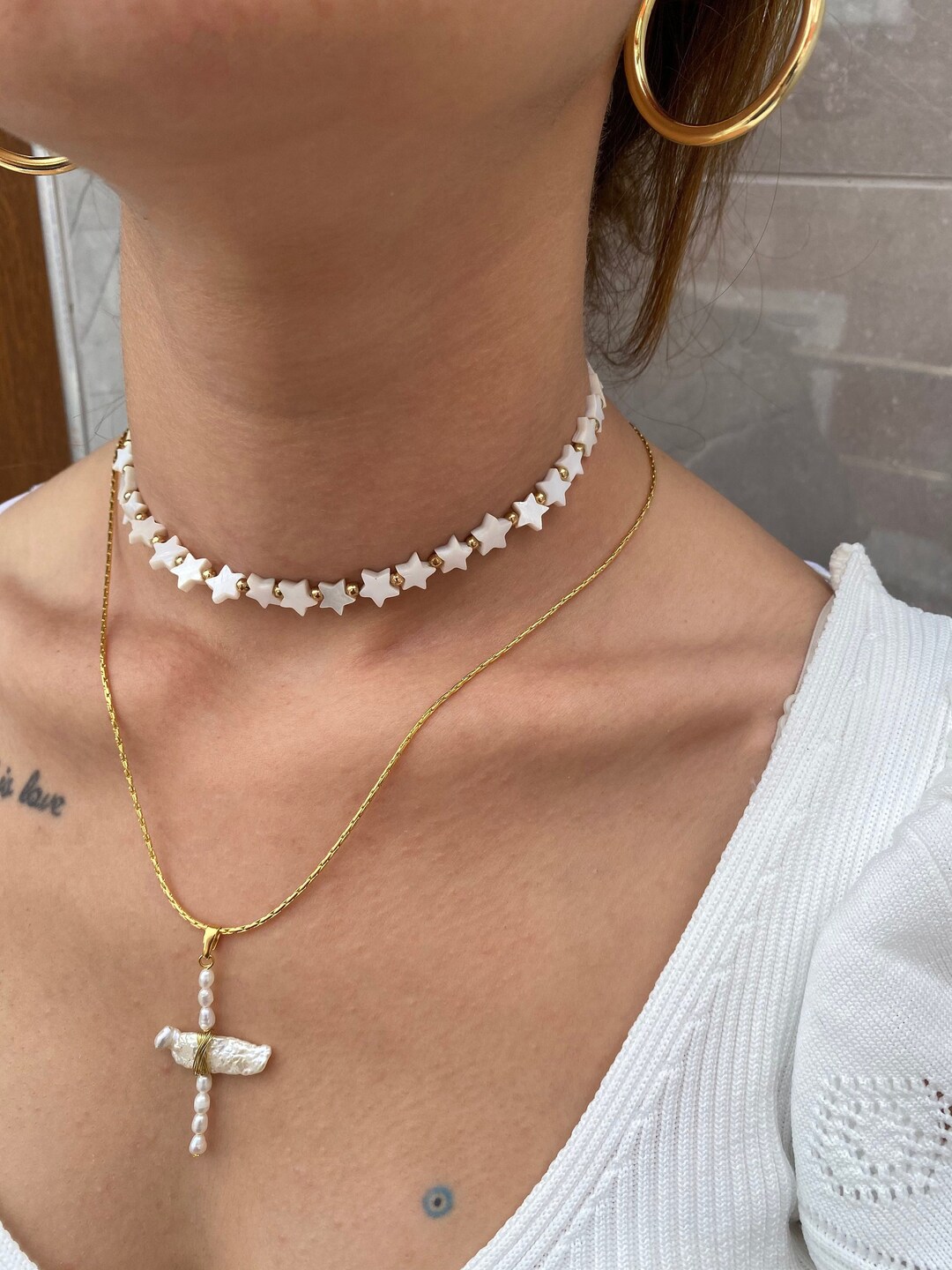 【DEARMINE】Cross Pearl Necklace Multi Strand Pearl Necklace, Pearl Necklace With Cross