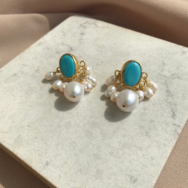 NOUVEAU ! Boucles d'oreilles uniques en pierre turquoise, Boucles d'oreilles en pierre naturelle au design spécial, Boucles d'oreilles en or véritable perle, Bijoux de mariée, Cadeau de Noël