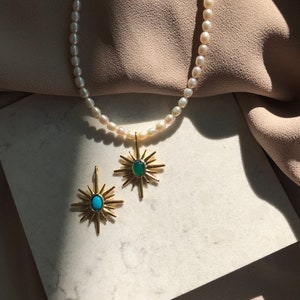 Freshwater Pearl Necklace: 24k Gold North Star Amulet, Blue/Green Stone