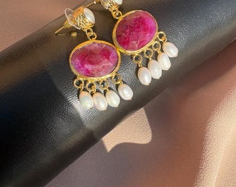 Real Pearl Natural Ruby Combination Design Earrings