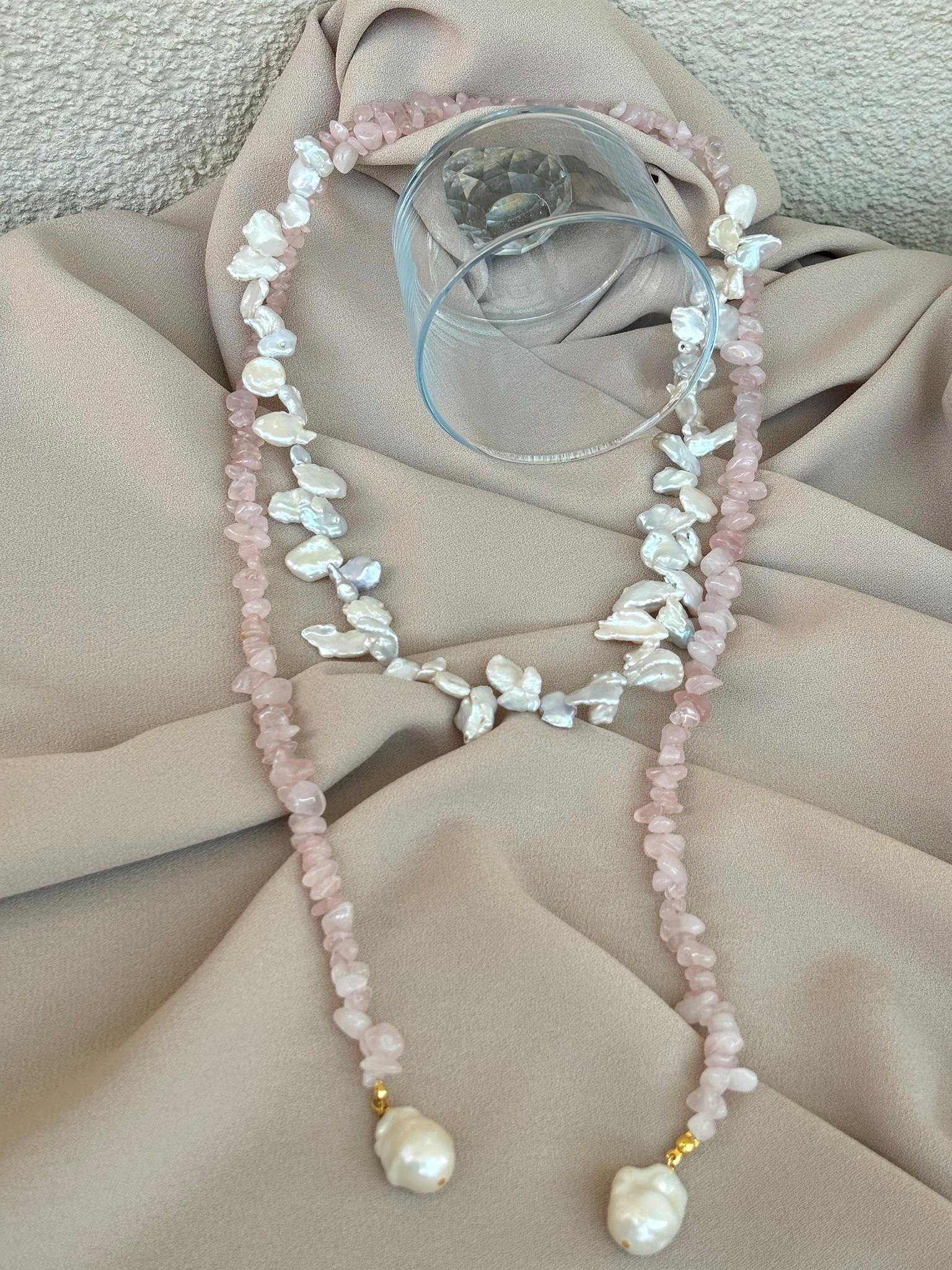 Custom Designed Leaf Pearl Pink Quartz Combination Necklace - Etsy