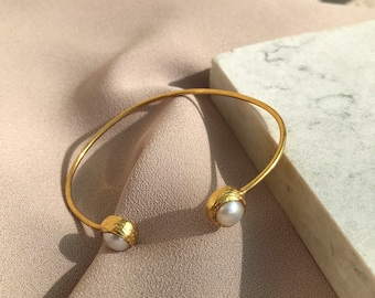 NEW Double Pearl Bracelet, Elegant Cuff Bracelet, Gold Bangles, Real Pearl Bracelet, Bridal Jewelry, Gift for Her