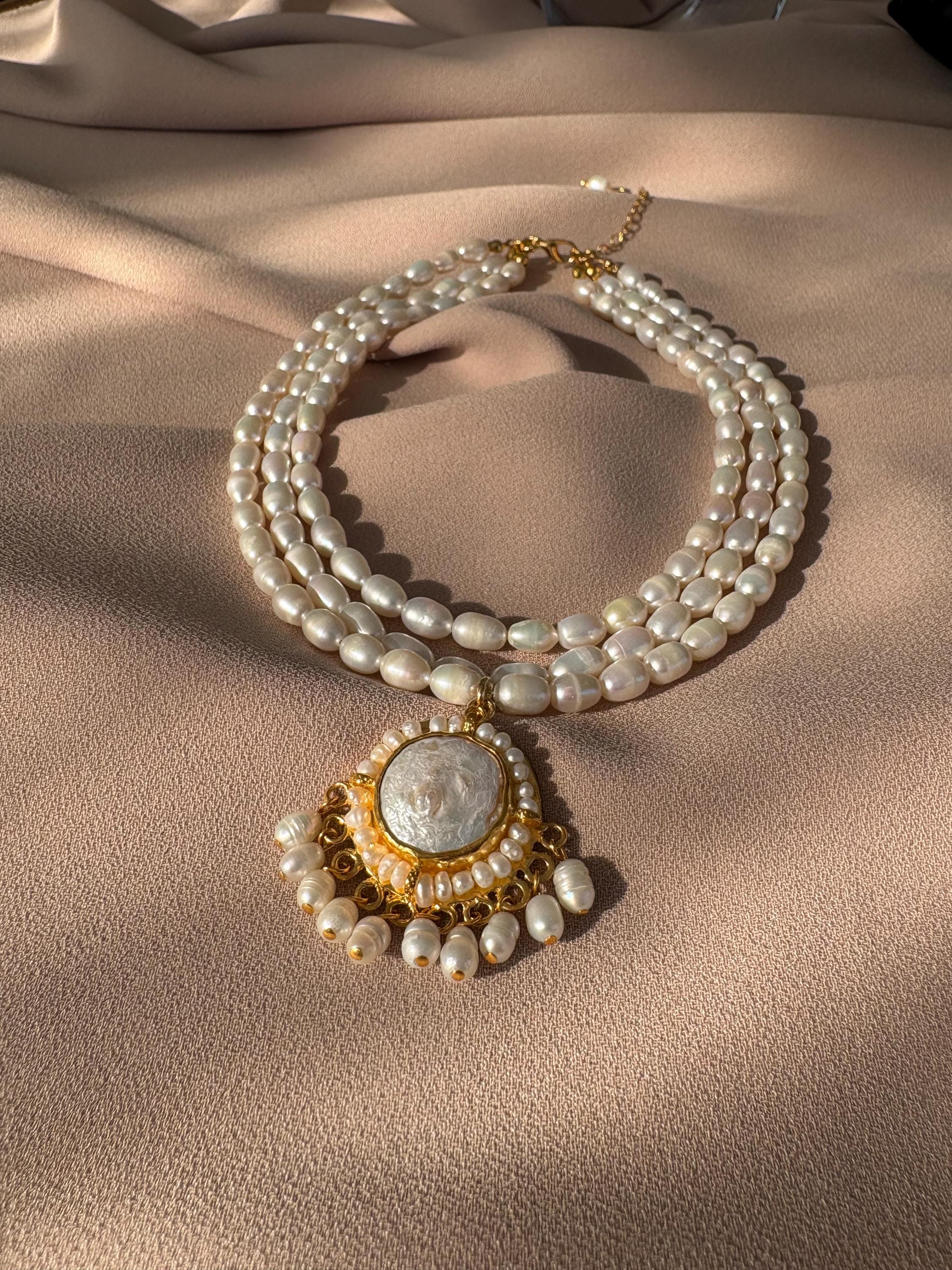 Three Row Design Round Pendant Medallion Pearl Necklace - Etsy