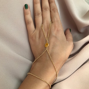 Gold Plated Sahmeran Bracelet: Boho Hand Chain with Pearl